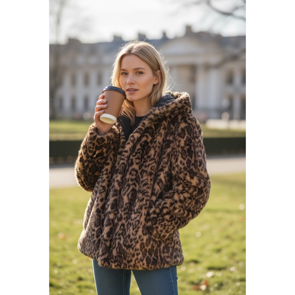Roamans‎ Leopard Print Faux Fur Hooded Coat Plus Size 34/36 4X Brown Black Zip - Picture 2 of 12